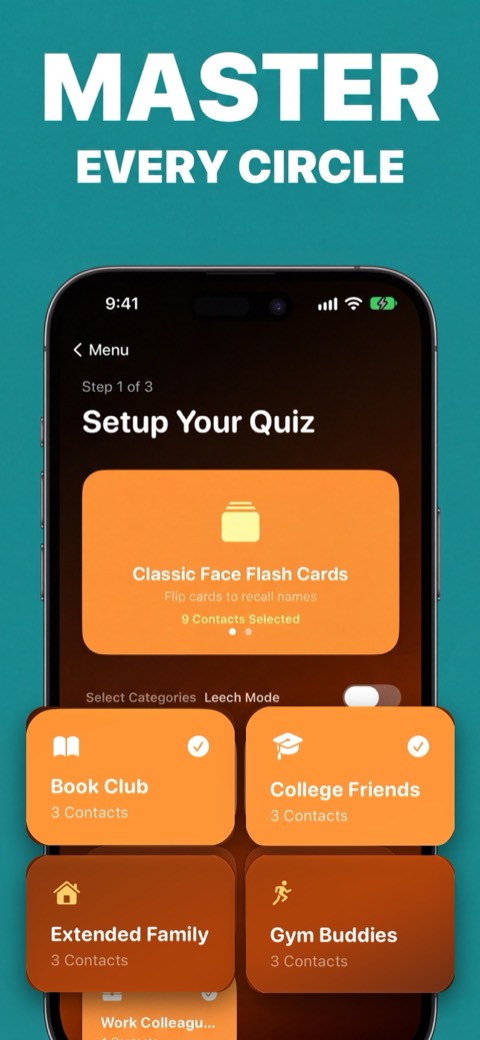 FaceFlash circle selection screen with groups like Work and Extended Family